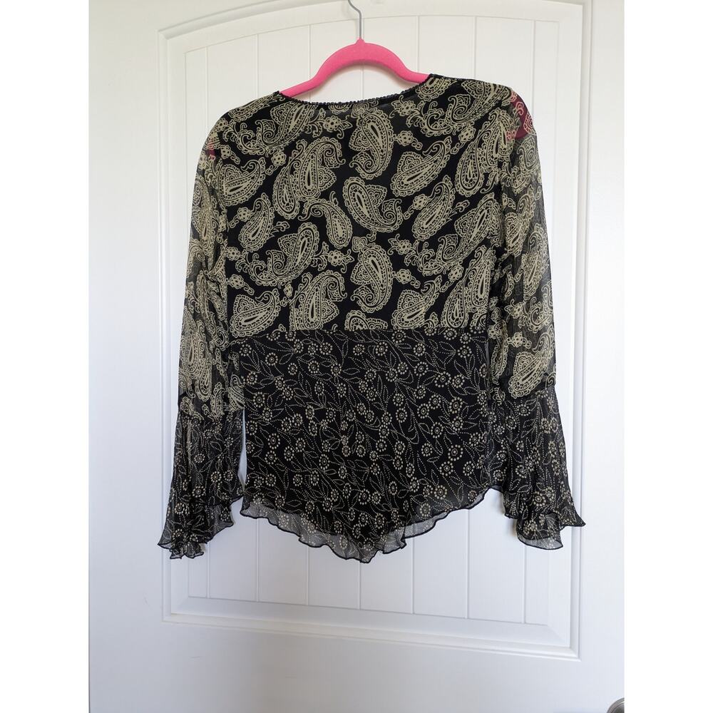 Y2K Spenser Jeremy Babydoll Flare Sleeve Top M Silk Black Beige Paisley Vampire - Picture 2 of 10